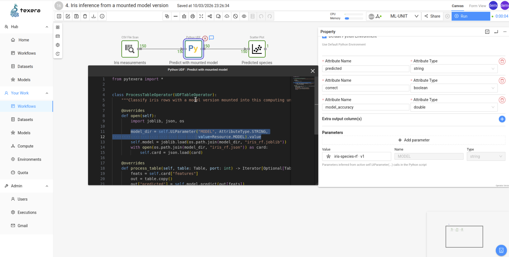 A Python UDF open in the editor, with the UiParameter line highlighted, beside the property panel showing a MODEL parameter whose value is the model version iris-species-rf v1